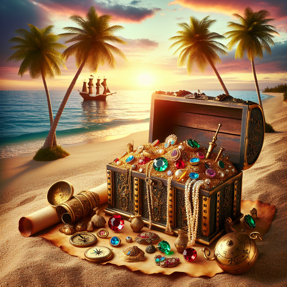 A golden treasure chest overflowing with rubies, emeralds, gold coins, and pearl necklaces on an ocean shore at sunset, flanked by coconut palms, with an antique brass compass and old parchment map nearby.