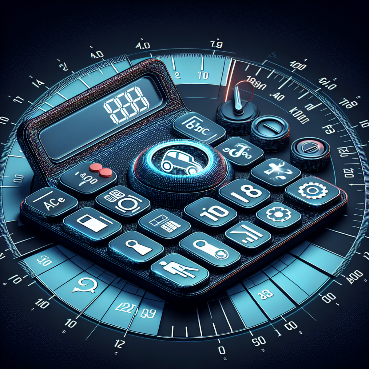 Car insurance calculator with factors influencing rates represented by symbols on buttons and a faded speedometer in the background.