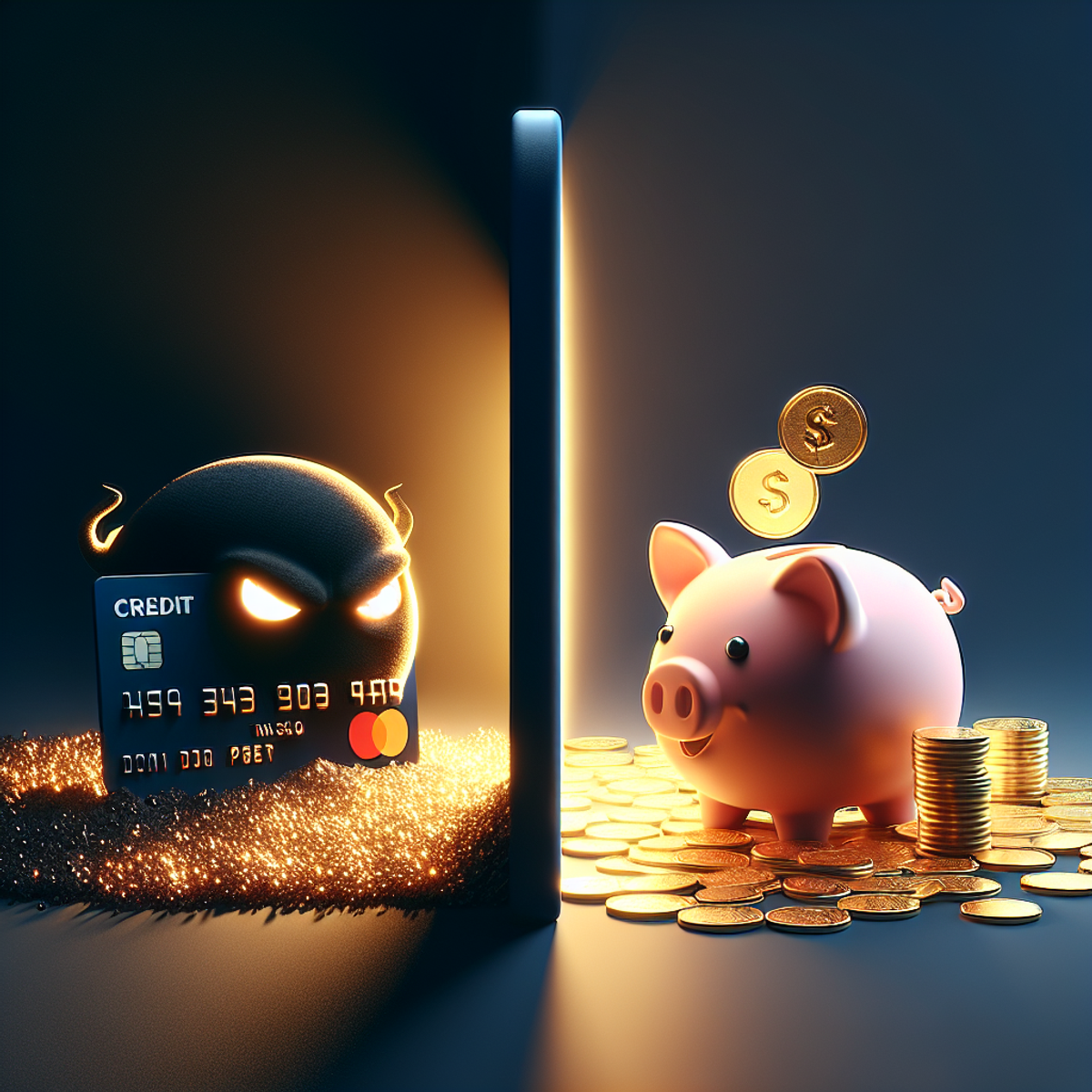 An ominous, oversized credit card casts a large shadow over a joyous piggy bank under a warm, safe light, surrounded by shimmering coins.