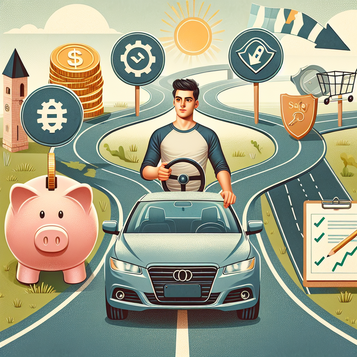 A young driver confidently steering a sedan, with a piggy bank, checklist, and arrow alongside the road, leading towards a large golden key.