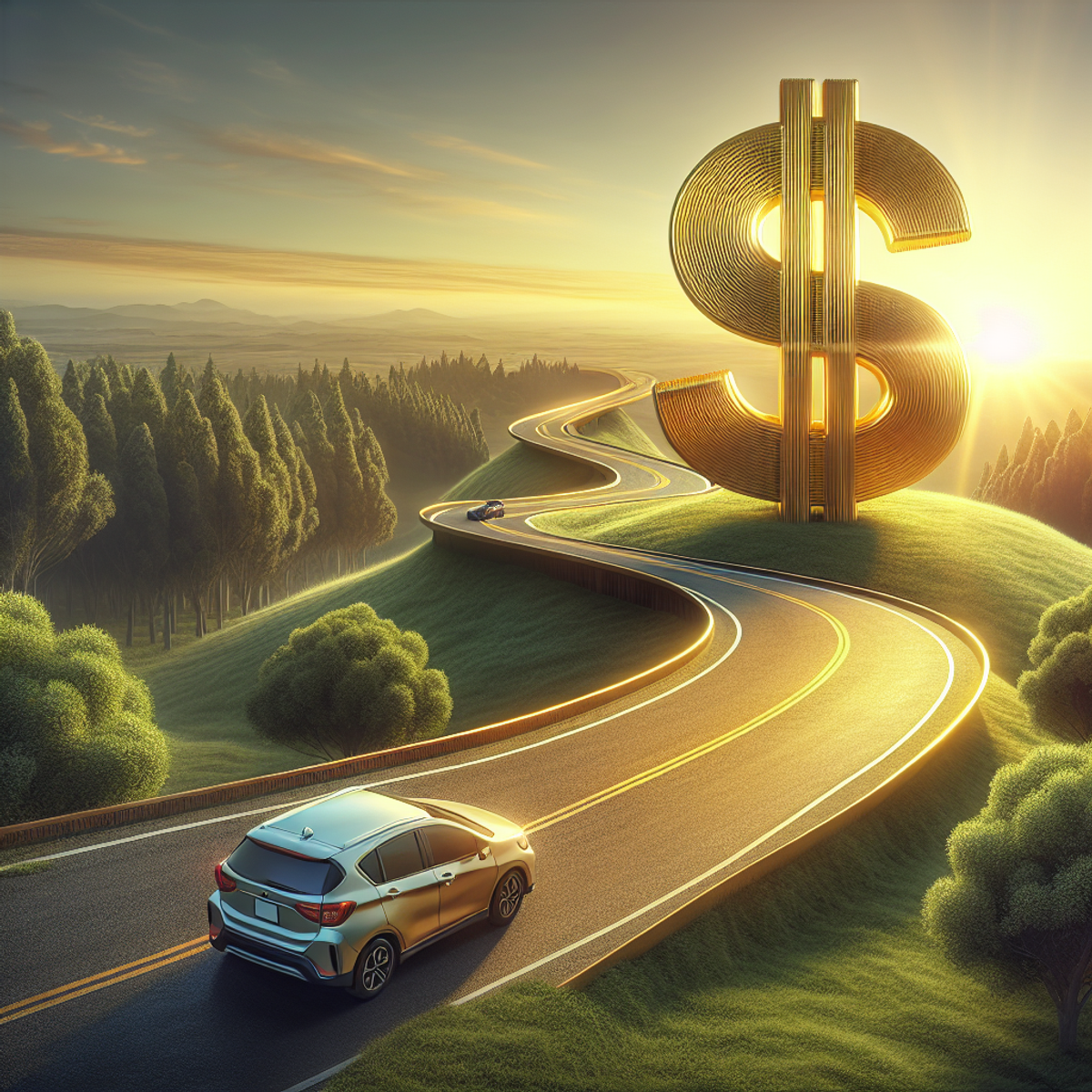 A compact car driving on a winding road towards a giant golden dollar symbol against a sunset backdrop.