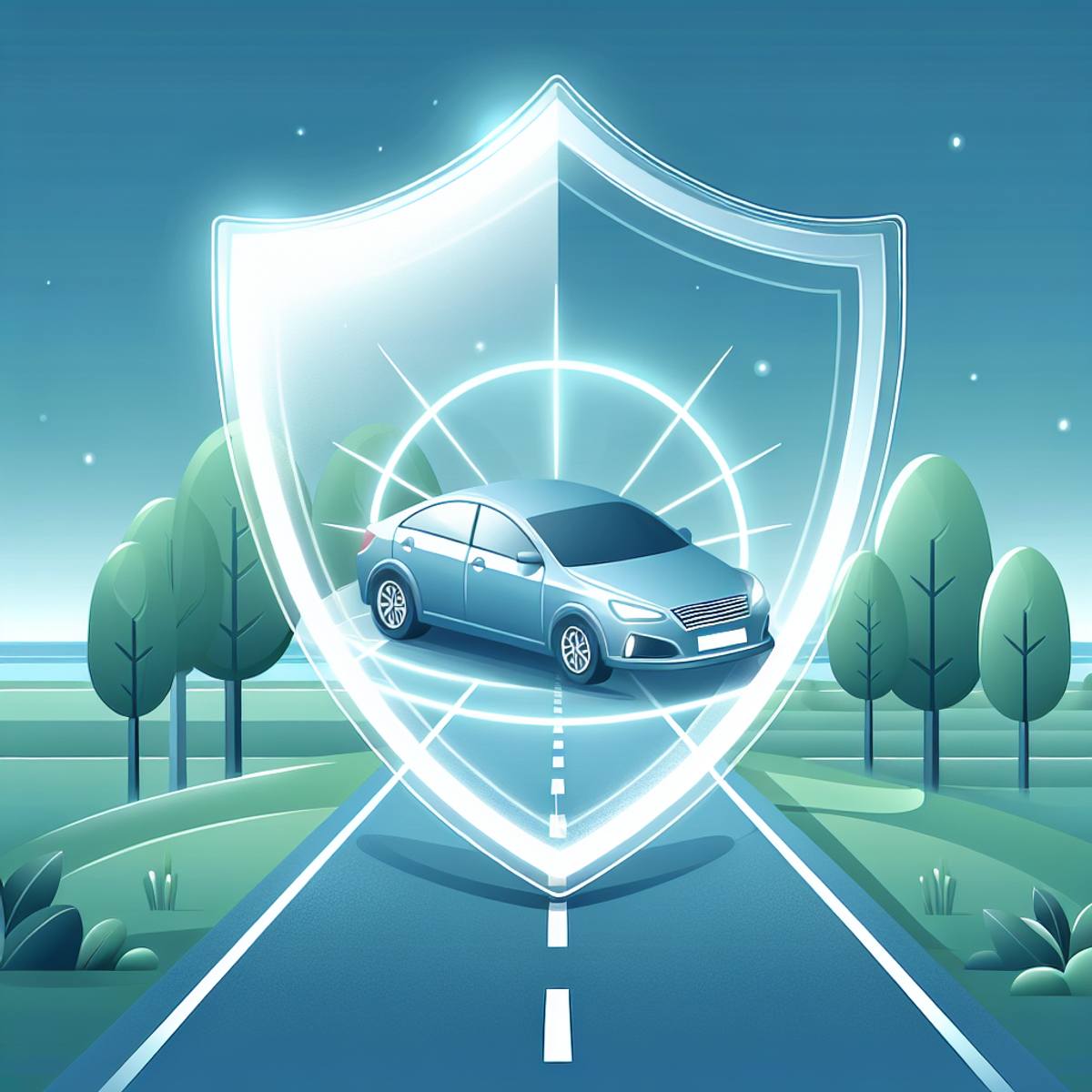 An illustration of a car with a glowing, protective shield driving down a winding road through a peaceful landscape.