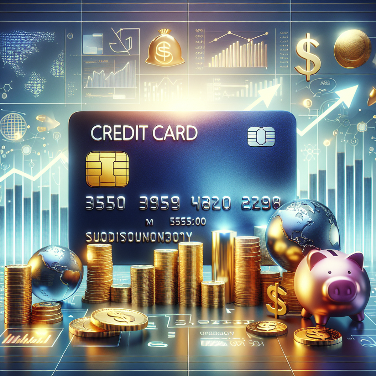 A shiny credit card surrounded by financial symbols on a gradient background.