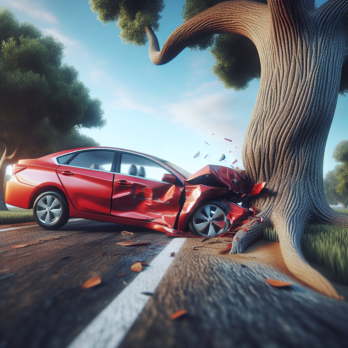 Red sedan colliding into a sturdy oak tree.