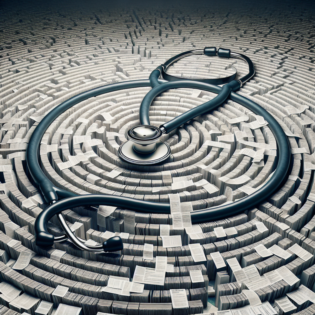 A stethoscope bridge over a paperwork labyrinth symbolizing the struggle and hope in navigating healthcare access.